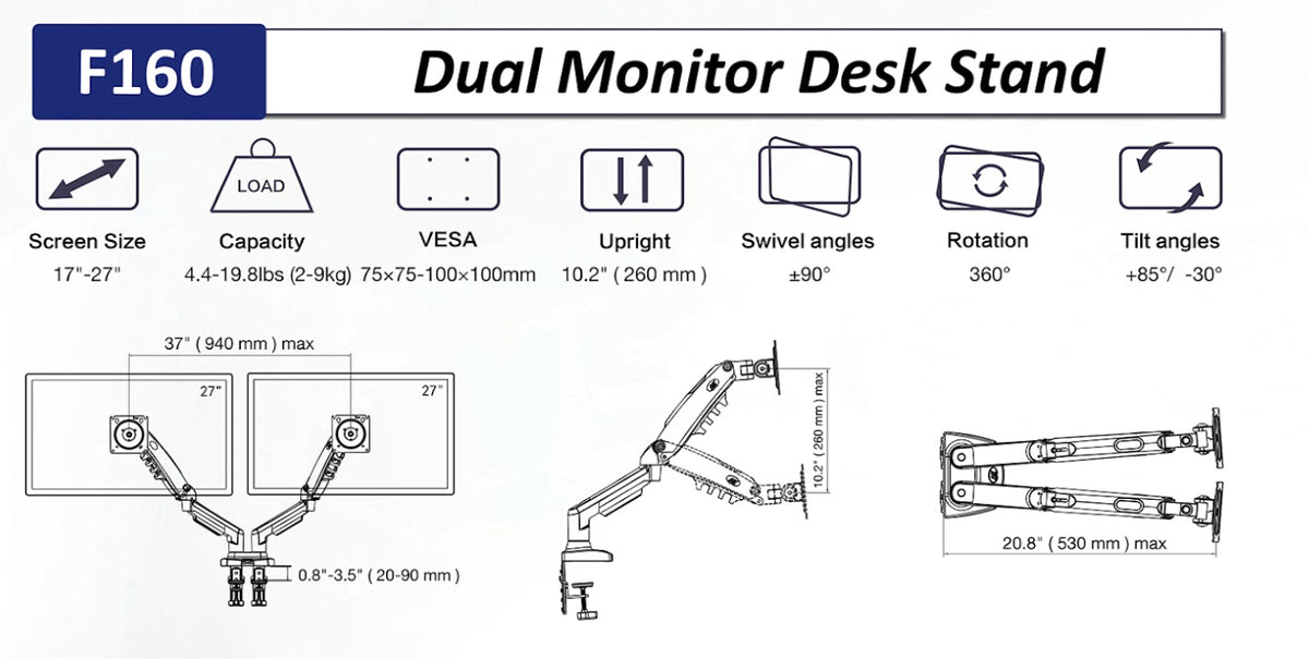 North Bayou | NB Ergonomics | Desktop Mount for 2 Screens [F160]